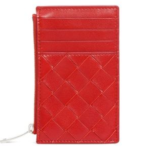 Bottega Veneta red intrecciato leather card case with zipper, dustbag and box